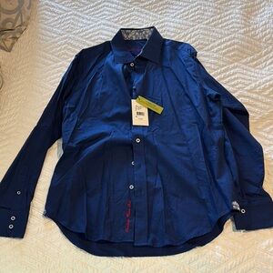 NWT Robert Graham Navy Blue Casual Button Down Shirt with Pointed Collar